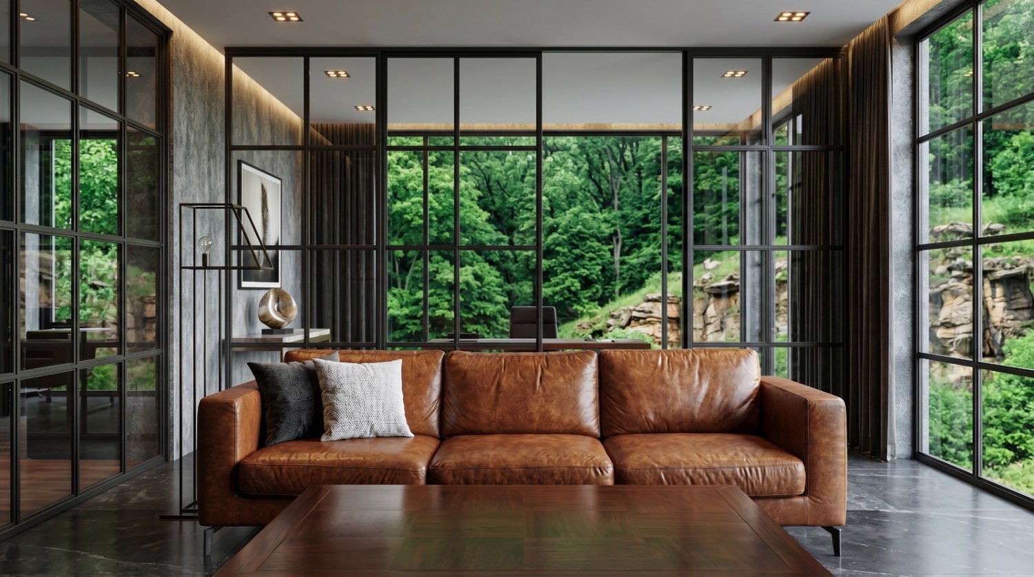 A calm, light-filled Leno office lounge looking out onto forest